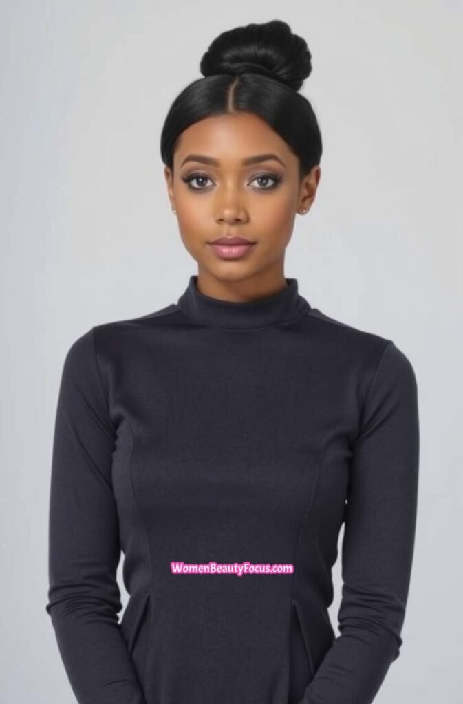 13. Polished Bun with Middle Part Front View