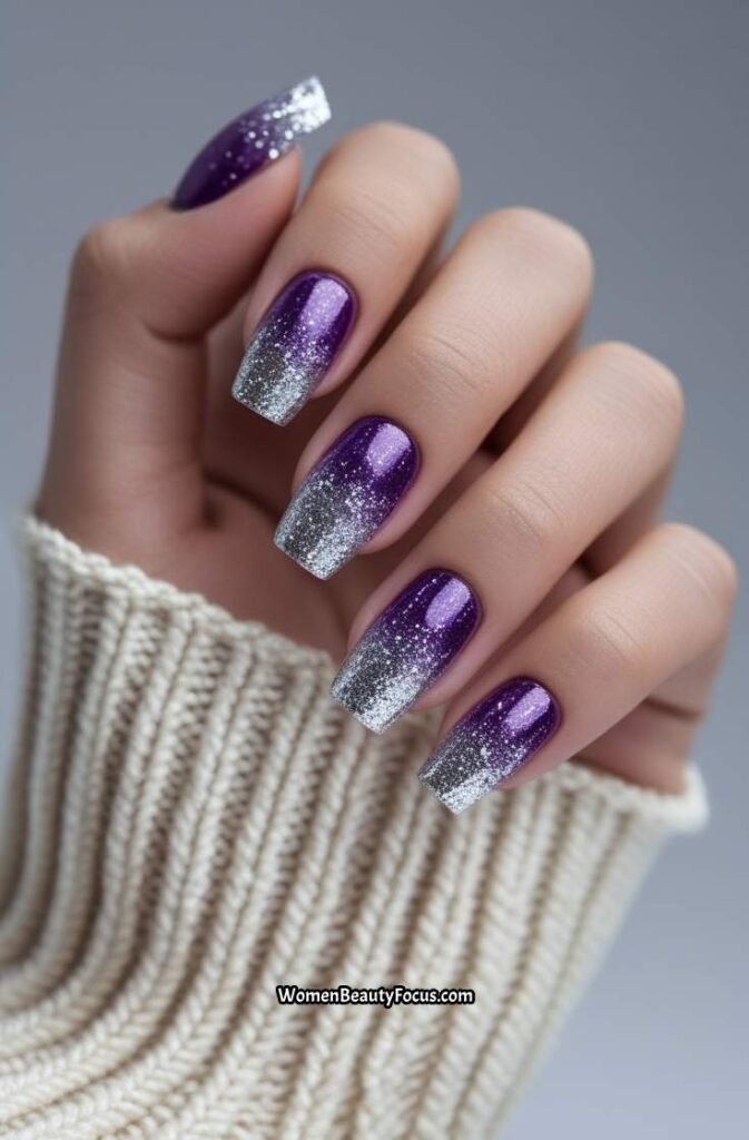 13. Purple and Silver Glitter Gradient Nails