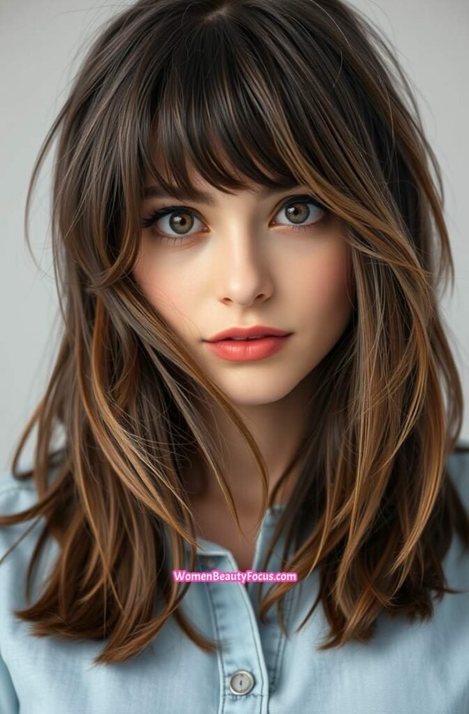 13. Shoulder Length Shag with Curtain Bangs Front View
