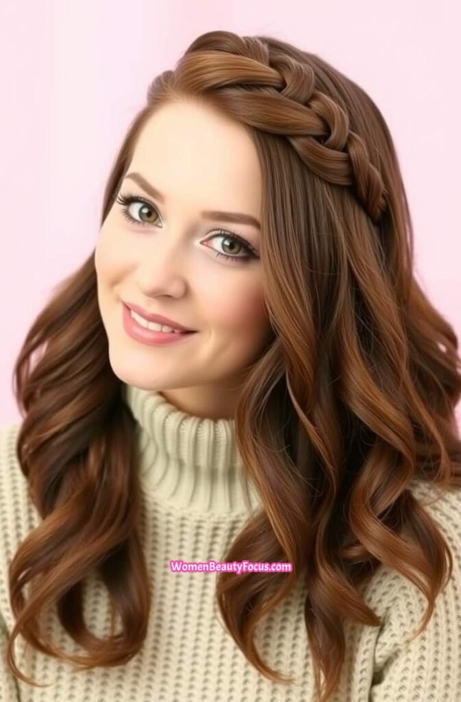 13. Side Crown Braid with Flowing Layers Front View