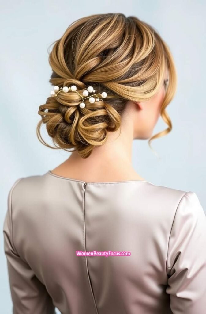 14. Curly Low Twisted Bun with Hair Vine Back View