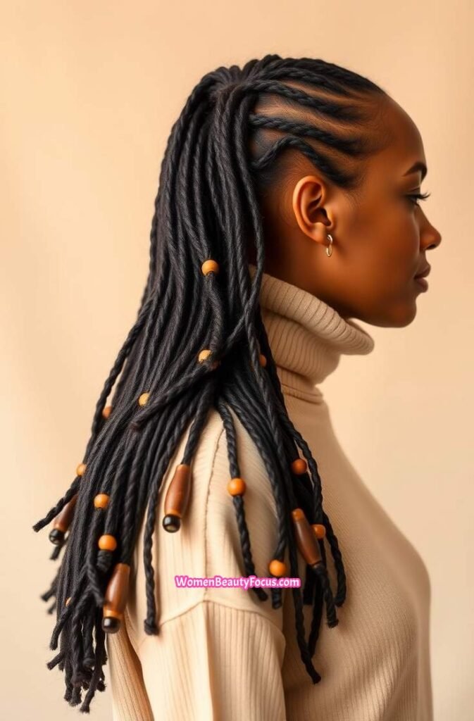 14. Side Parted Locs with Beads Side View