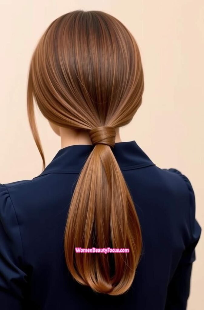 14. Sleek Low Ponytail with Cinnamon Shine Back View