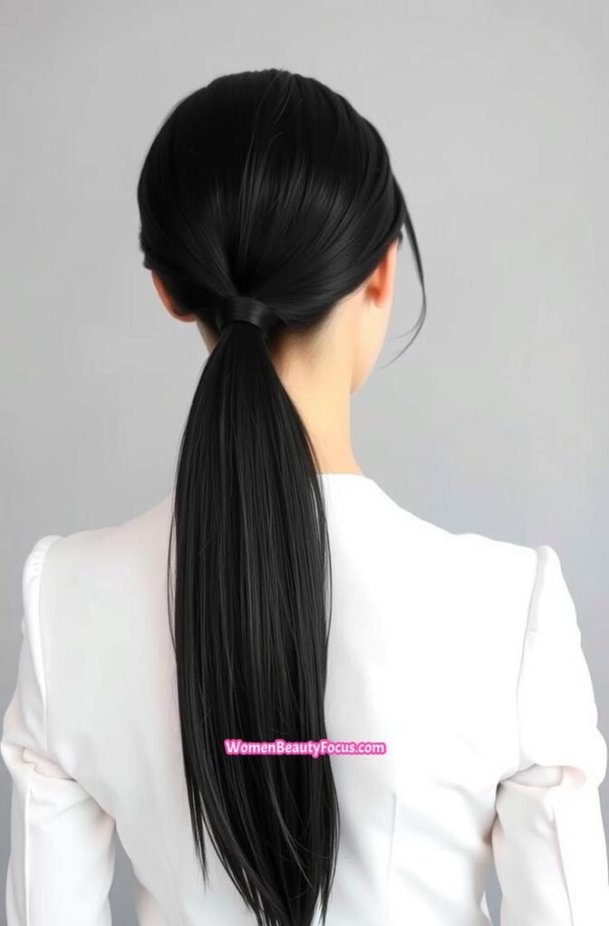 14. Sleek Low Ponytail with Middle Part Back View