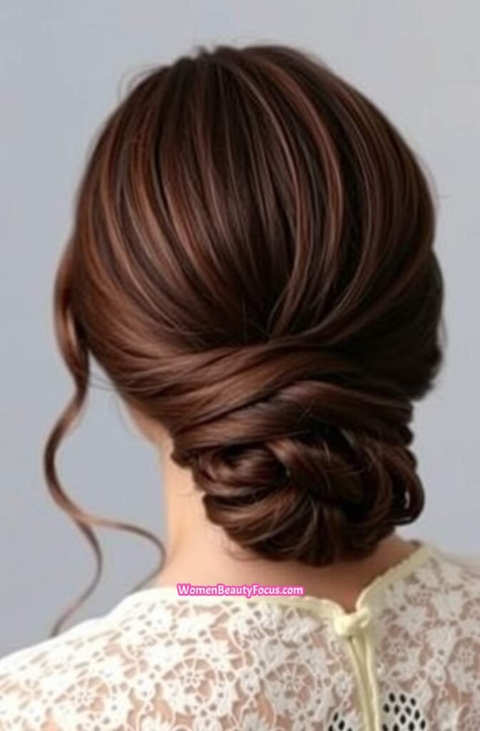 14. Twisted Low Bun with Loose Strands Back View