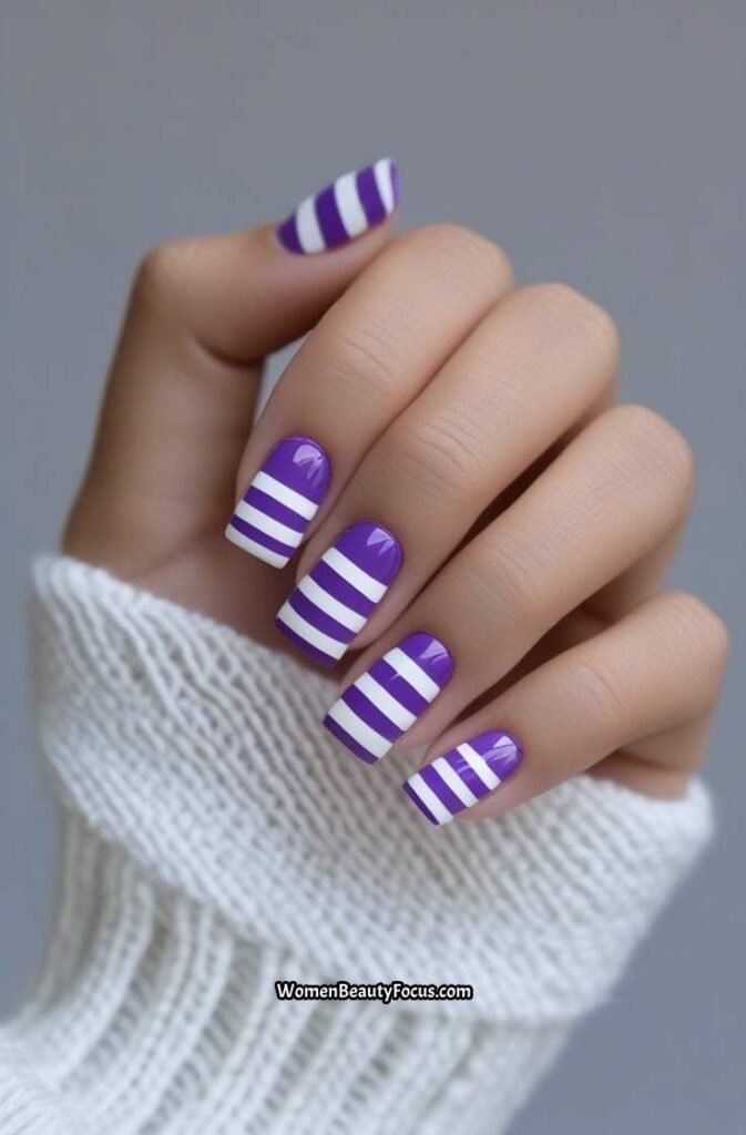 14. Violet and White Stripe Nails
