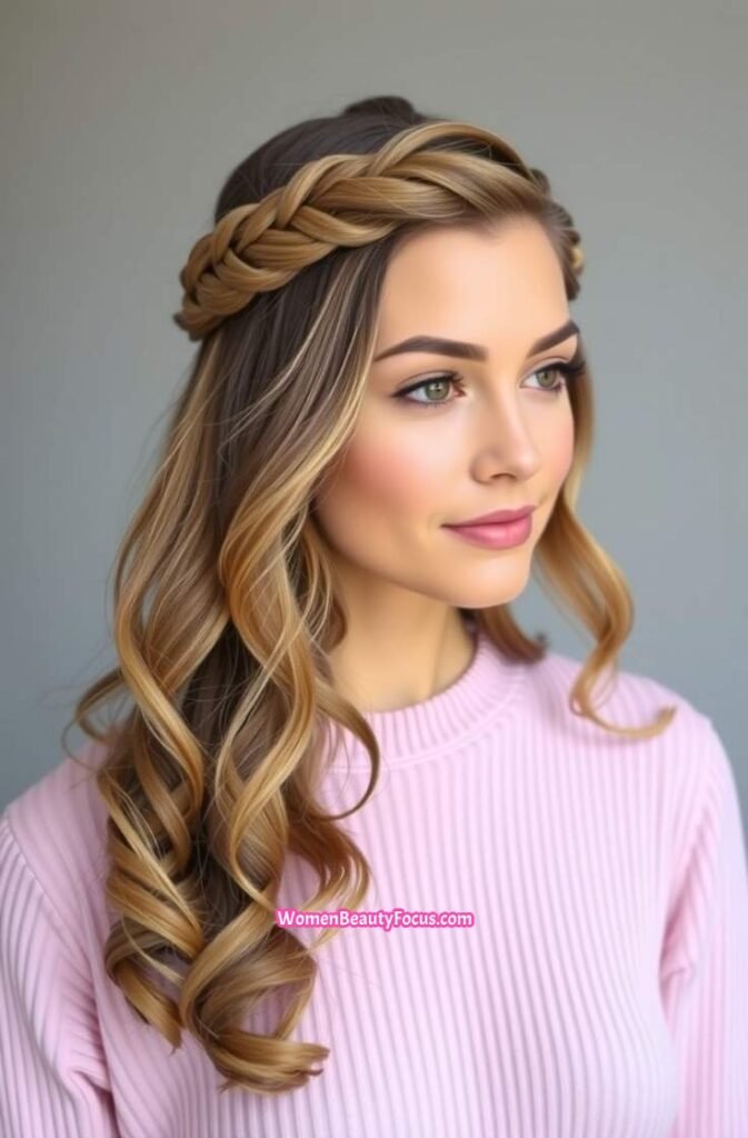 15. Half Up Braided Crown with Loose Curls Front View