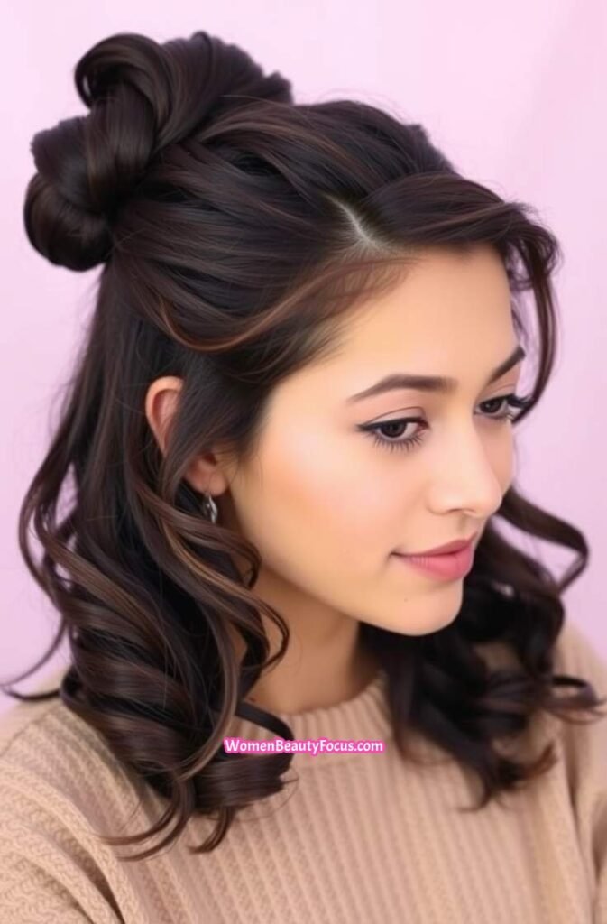 15. Half Up Half Down Twist with Soft Curls Front View