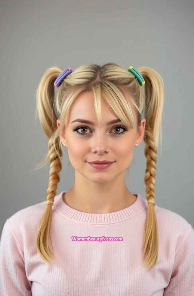 15. High Pigtails with Barrettes Front View