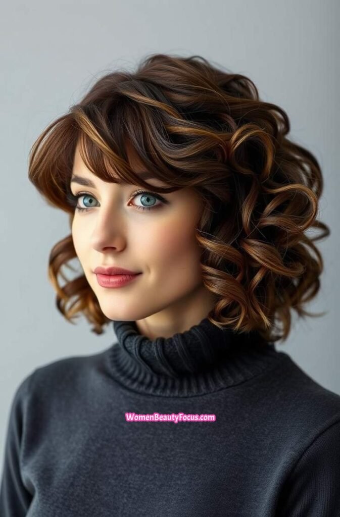 15. Soft Brunette Curls with Bangs Front View