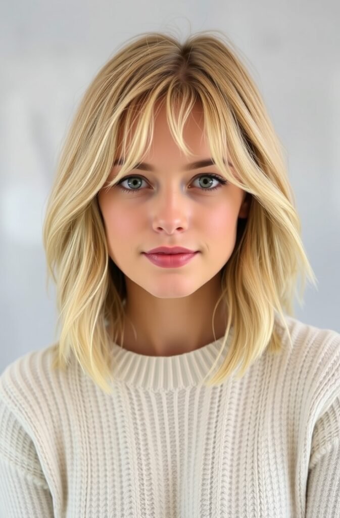 15. Soft Layered Lob with Wispy Bangs Front View