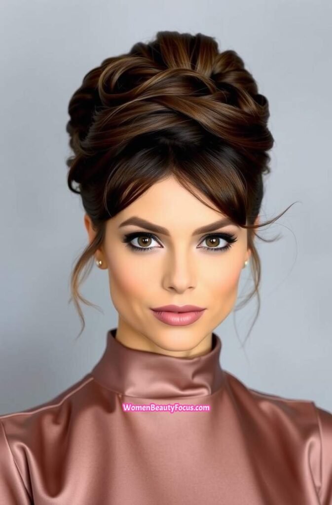 15. Voluminous High Bun with Wispy Bangs Front View