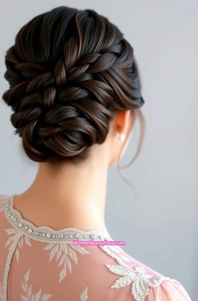 16. Elegant Braided Crown Bun Back View