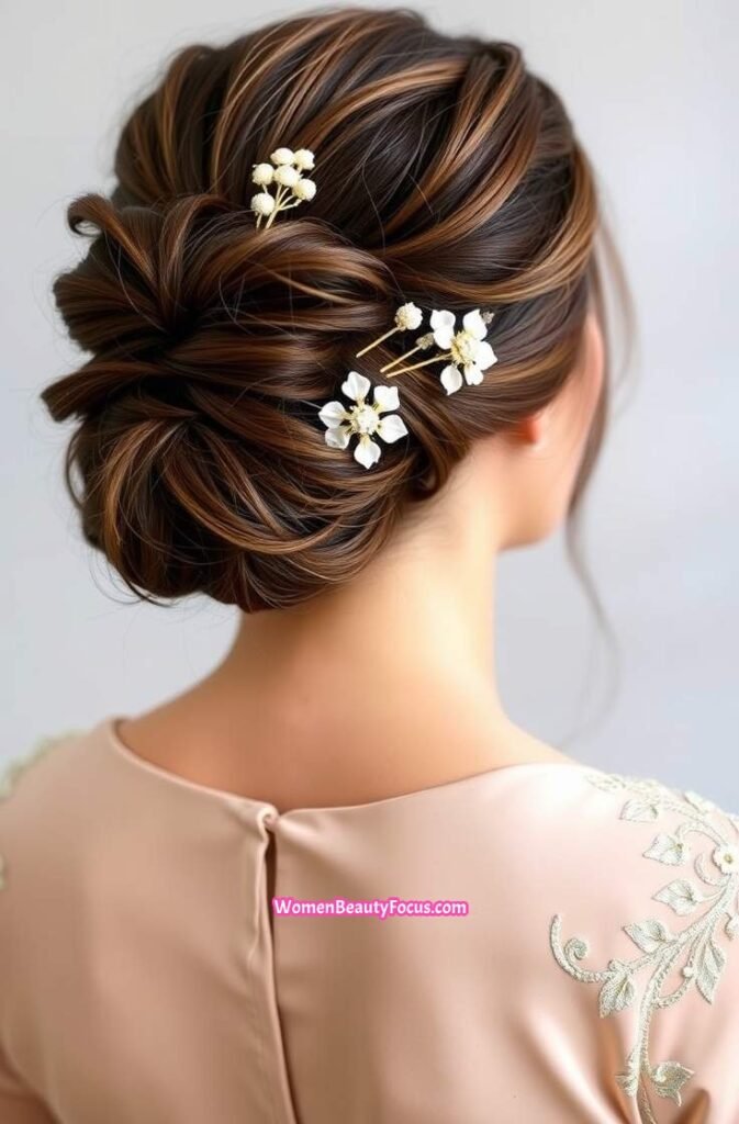 16. Elegant Twisted Bun with Floral Pins Back View