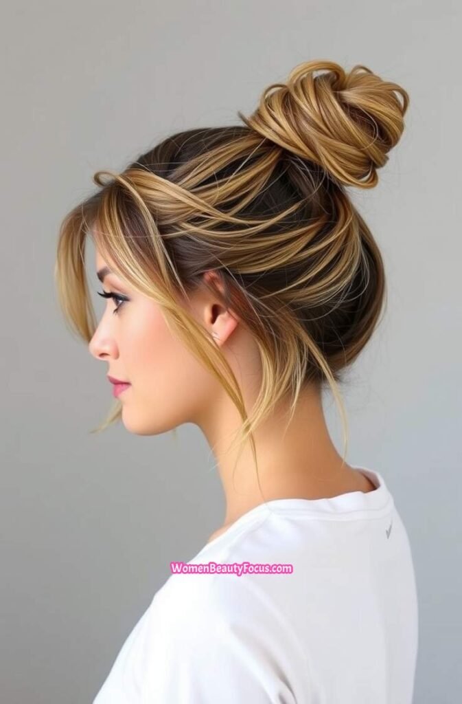 16. Messy Claw Clip Bun with Wispy Layers Front View