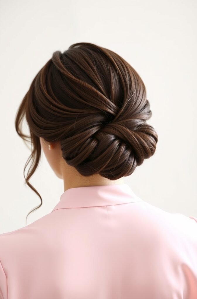 16. Twisted Low Chignon with Face Framing Strands Back View