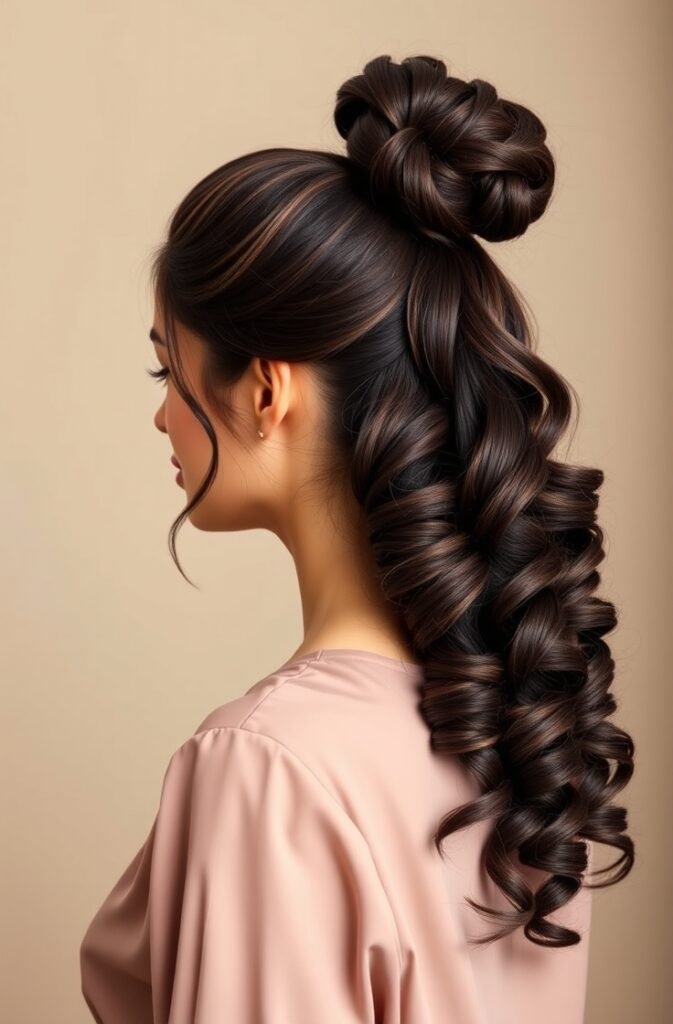 17. High Ponytail with Voluminous Curls Front View