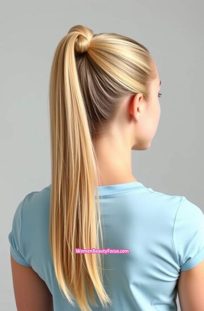 17. High Ponytail with Wrapped Hair Tie Front View