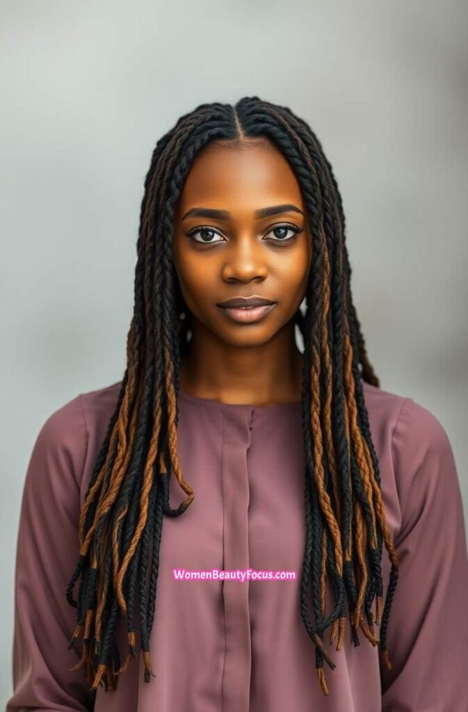 17. Loose Locs with Middle Part and Subtle Highlights FrontStraight View