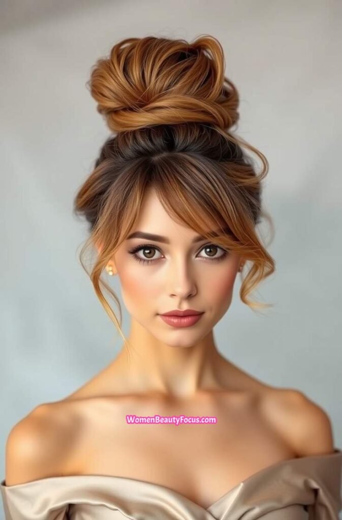 17. Messy High Bun with Wispy Strands Front View