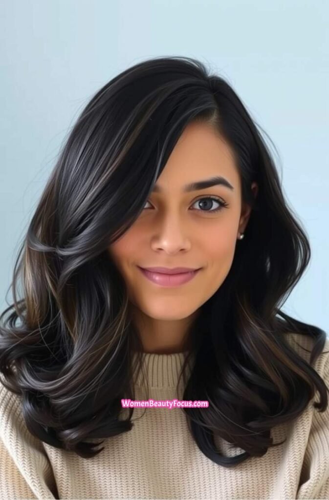 17. Side Parted Shoulder Length Curls Front View