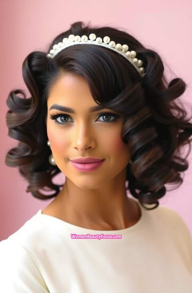17. Voluminous Curls with Pearl Headband Front View