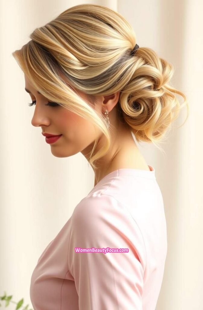 17. Wavy Updo with Side Part Front View