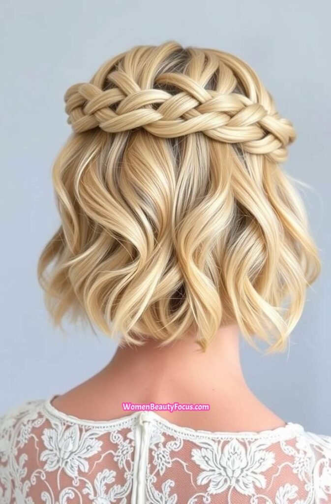 18. Chic Braided Crown with Loose Waves Back View
