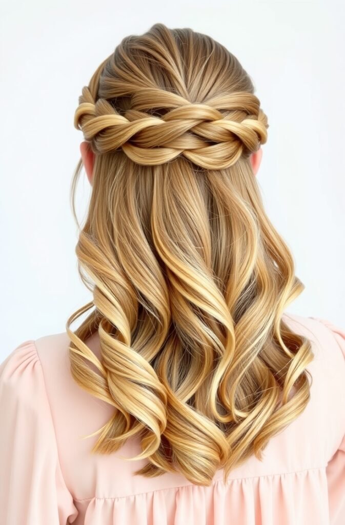 18. Elegant Braided Crown with Loose Waves Back View
