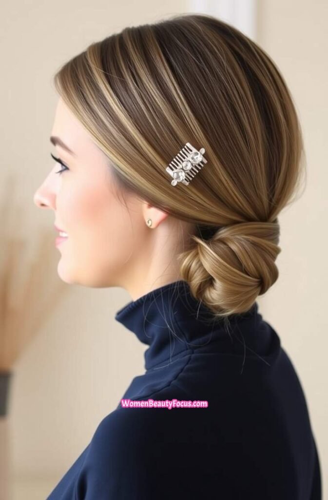 18. Low Bun with Comb Clips Side View