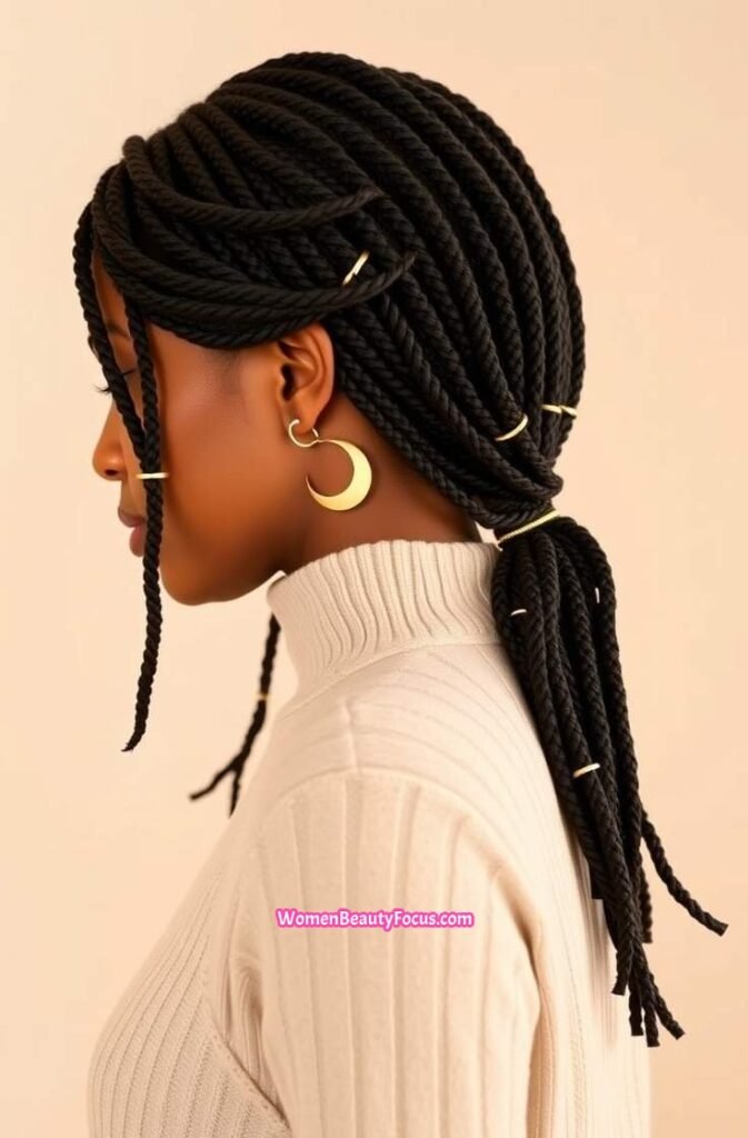 18. Side Ponytail Locs with Gold Cuffs Side View