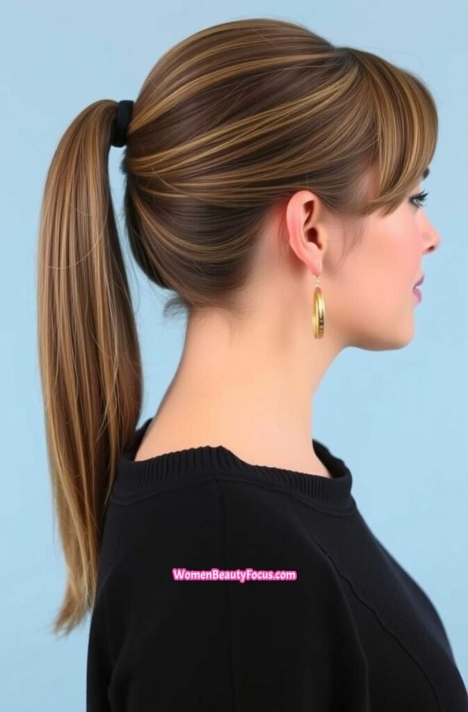 18. Soft Side Swept Bangs with a Sleek Ponytail Side View