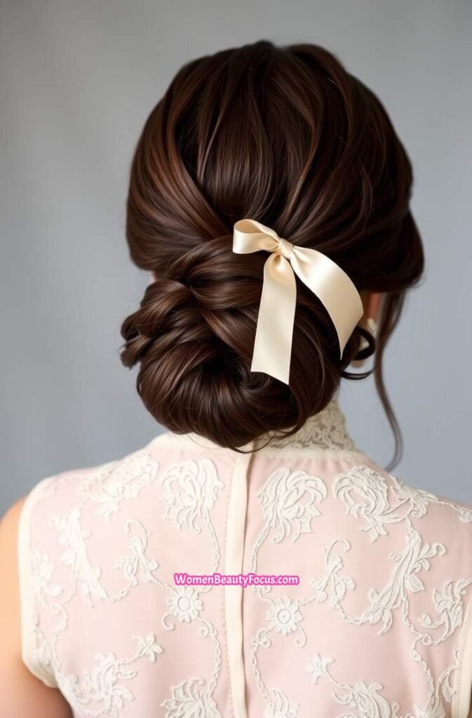18. Twisted Low Bun with Ribbon Accent Back View