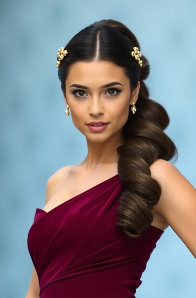 19. Bubble Ponytail with Gold Hair Accessories Front View