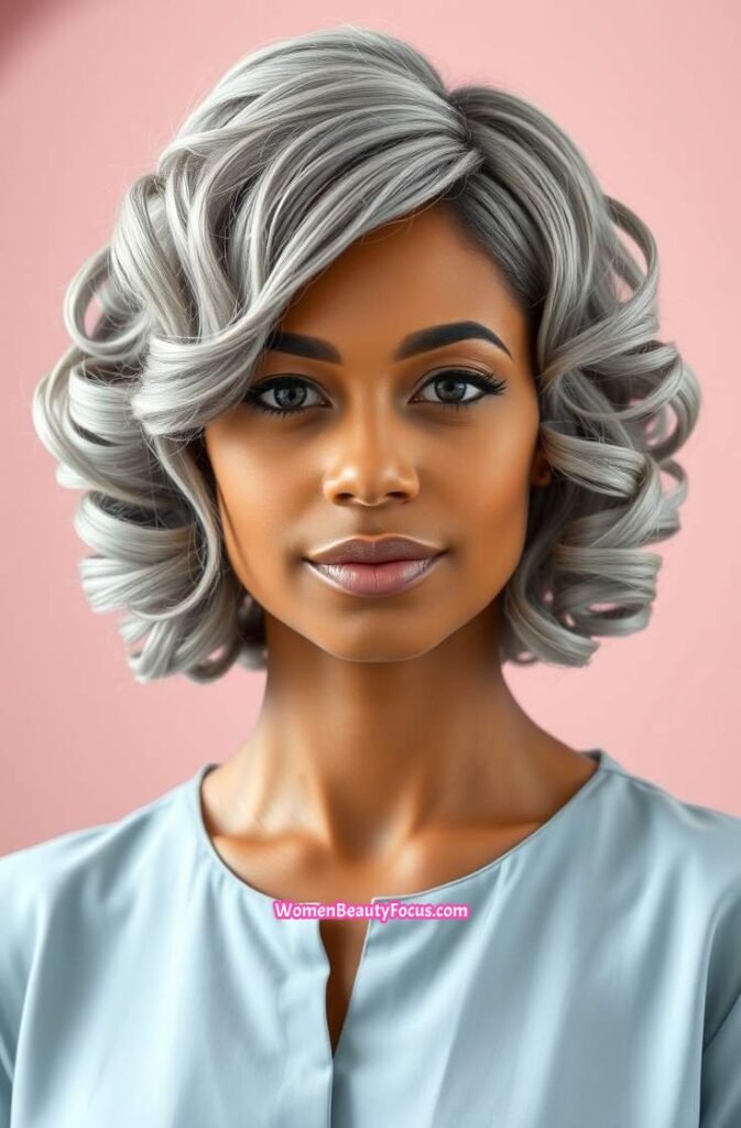 19. Curled Grey Bob with Side Part FrontStraight View