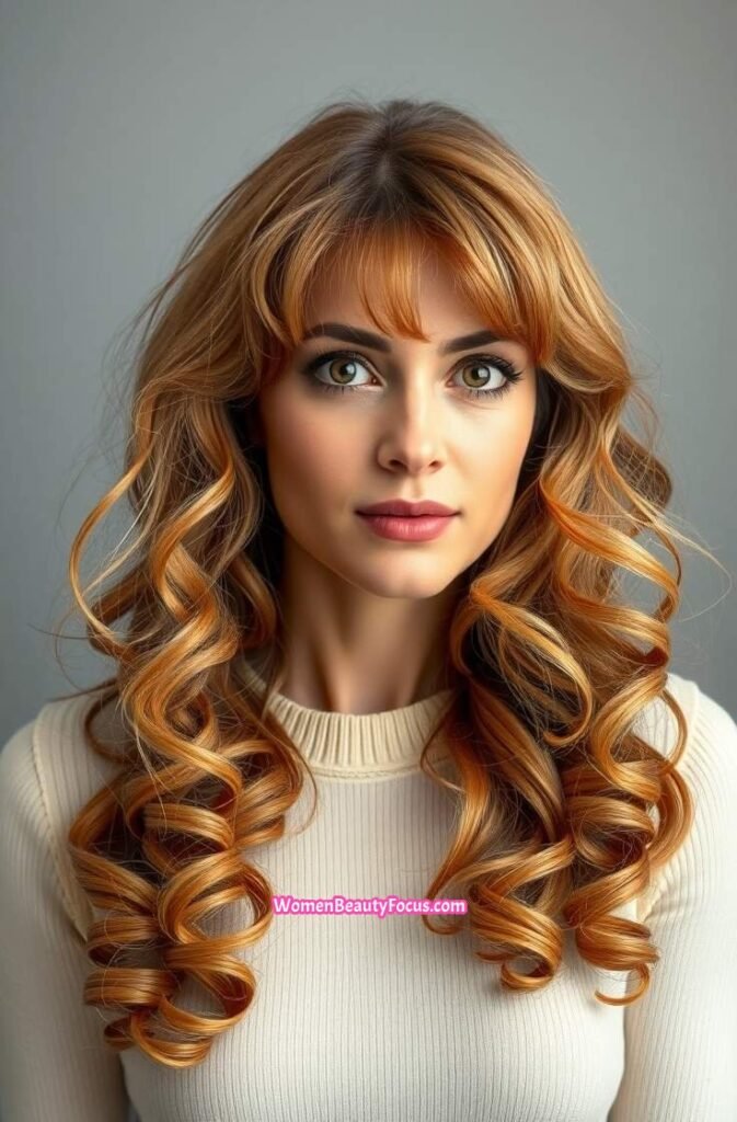 19. Feathered Bangs with Loose Curls Front View
