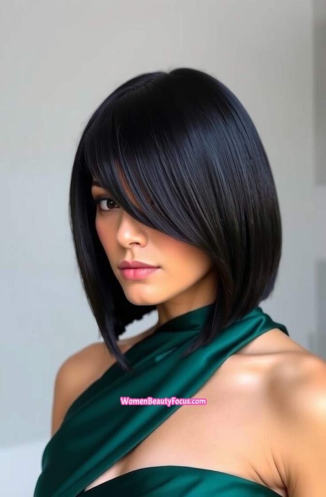 19. Glossy Side Swept Bob with a Deep Part Front View