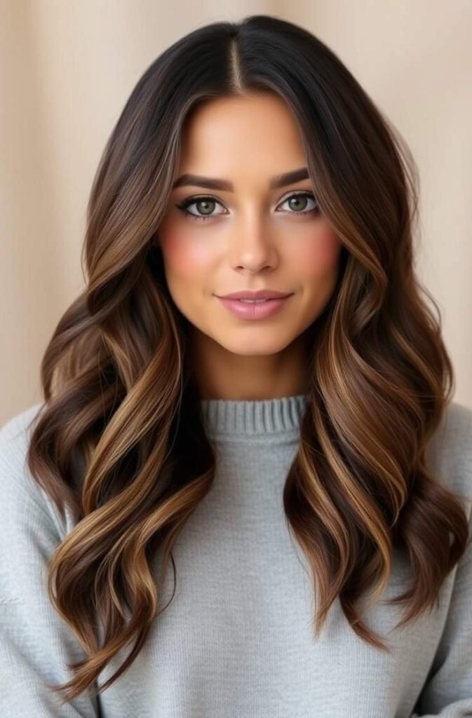 19. Long Wavy Hair with Highlights FrontStraight View