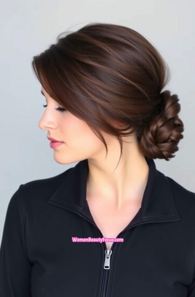 19. Low Twisted Bun with Side Strands Front View
