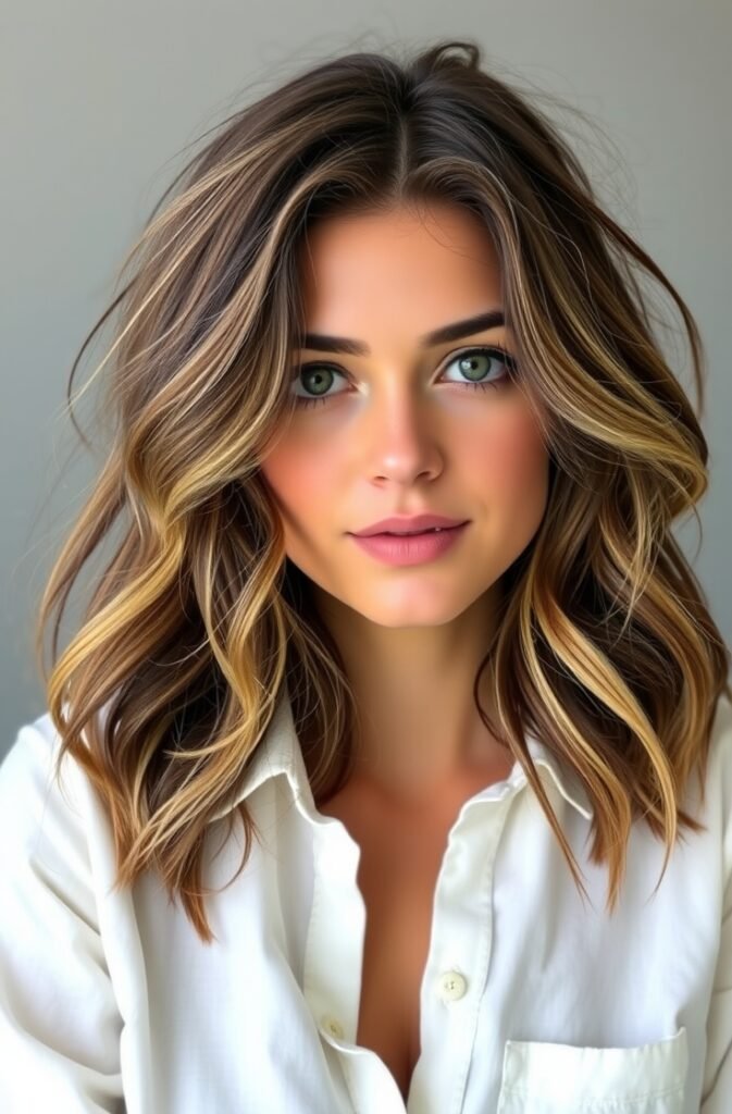 19. Tousled Shoulder Length Waves with a Side Part Front View