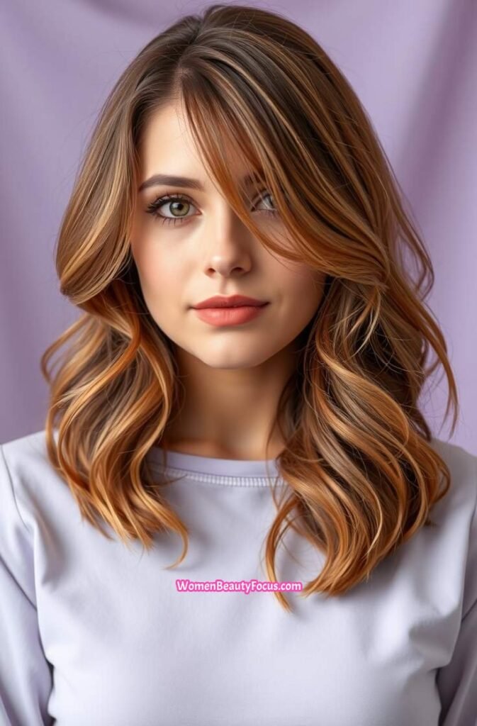 19. Wavy Shoulder Length Hair with Wispy Curtain Bangs Front View