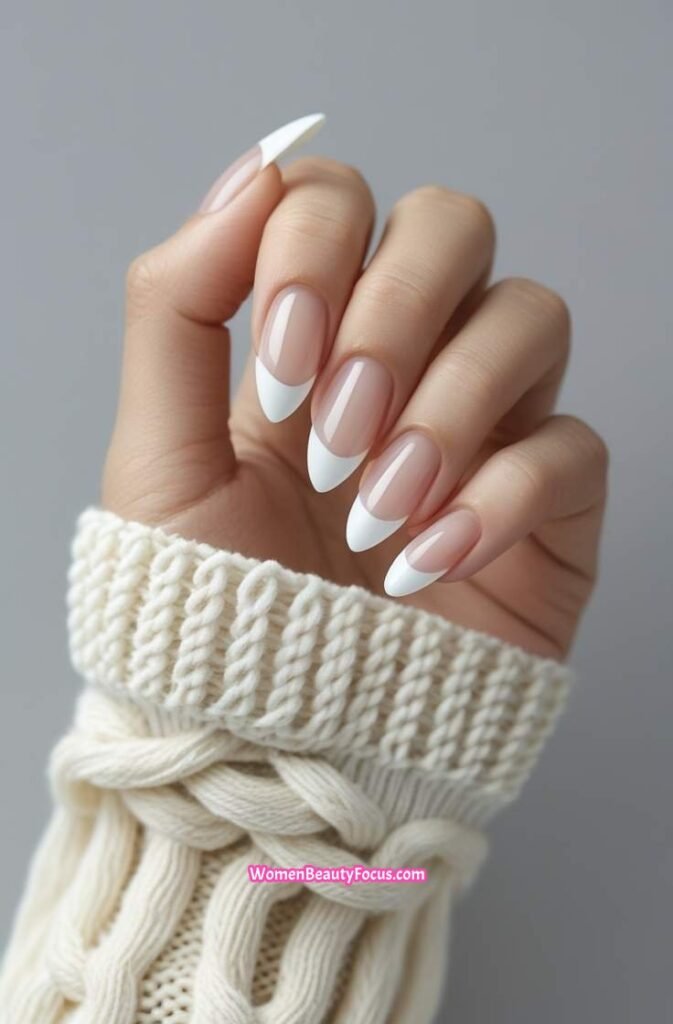 2. Almond French Nails with Micro White Tips