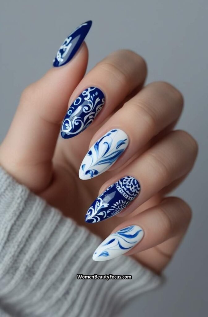 2. Boho Chic Blue and White Nails