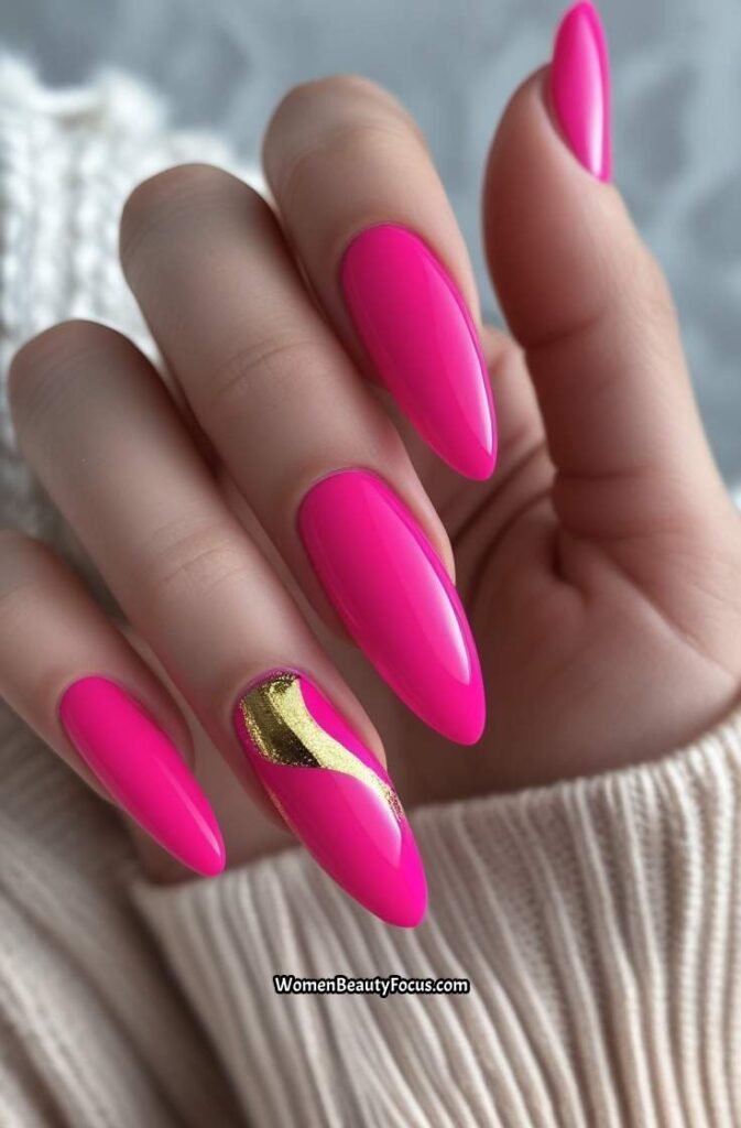2. Bold Hot Pink Nails with Gold Accents
