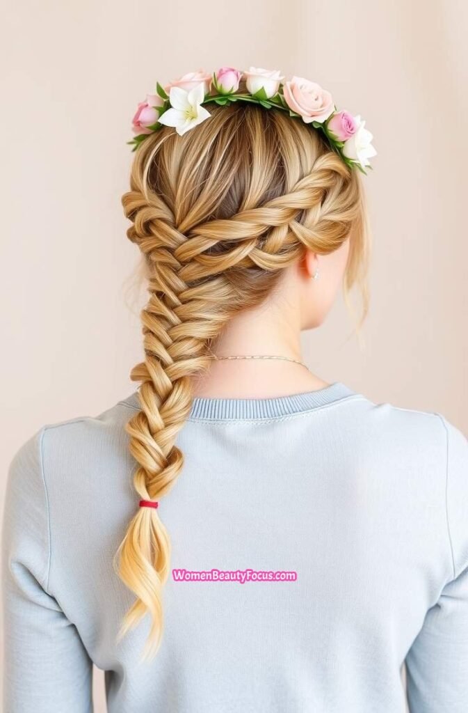 2. Braided Crown with Floral Headband Back View