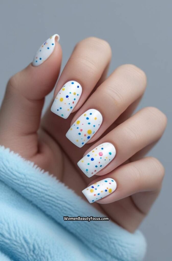 2. Confetti Inspired White Nails with Colorful Specks