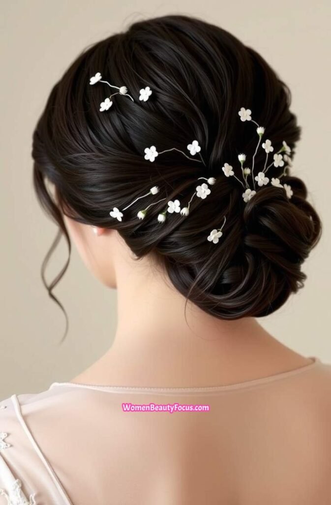 2. Elegant Curly Chignon with Floral Pins Back View