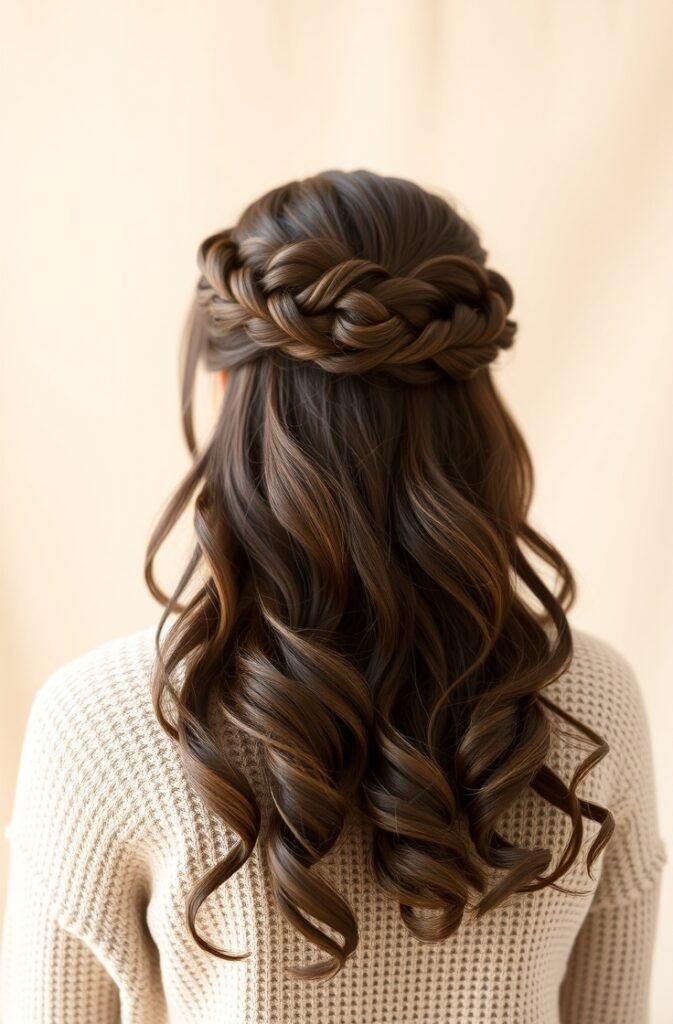 2. Half Up Braided Crown with Loose Curls Back View