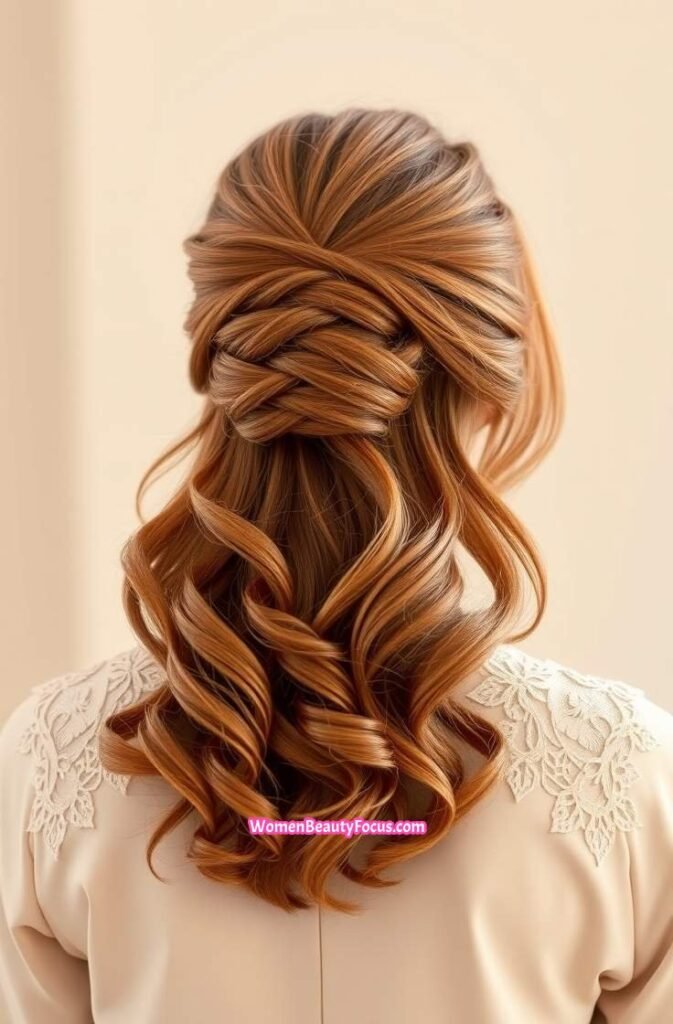 2. Half Up Twisted Bun with Soft Waves Back View