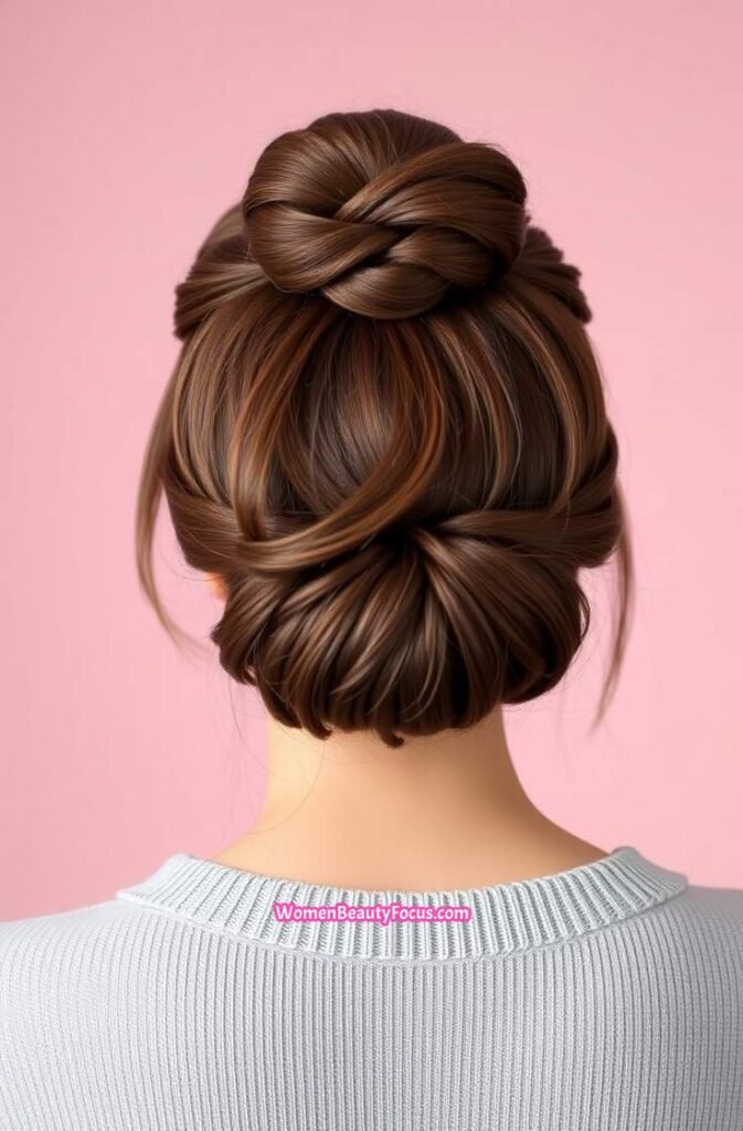 2. High Claw Clip Bun with Loose Strands Back View
